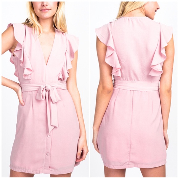 Dusty Pink Ruffle Sleeveless Tie Button Dress - Picture 3 of 8